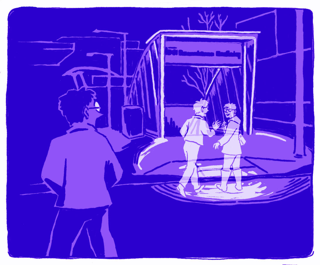 A figure in the foreground looks on as two ghostly figures meet in front of a subway entrance.