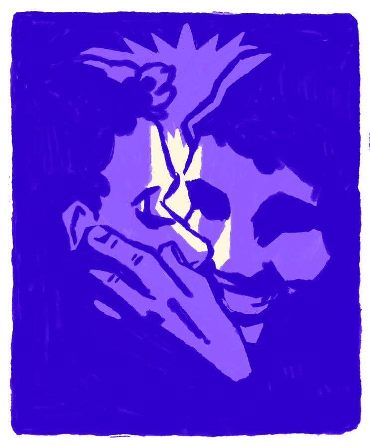 One figure's hand rests on the other's cheek; both are backlit.